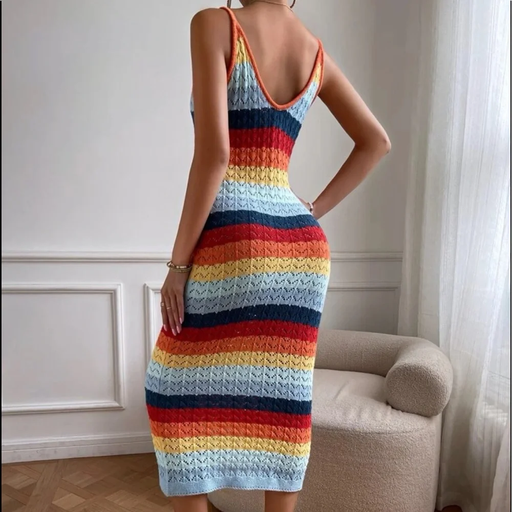 Boho Rainbow Color Block Knit Cami Dress NO BELT - Picture 6 of 7